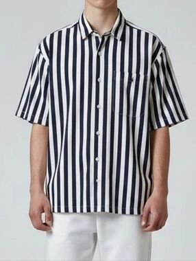 Nautica Navy & White Vertical Stripe Short Sleeve Button-Down Shirt